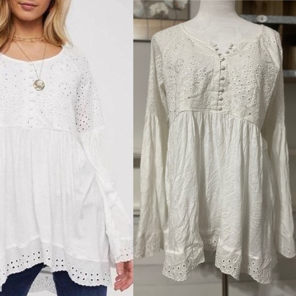 Free People Sea of Love Blouse Ivory NWOT Boho Eyelet Bell Sleeve - Picture 2 of 11